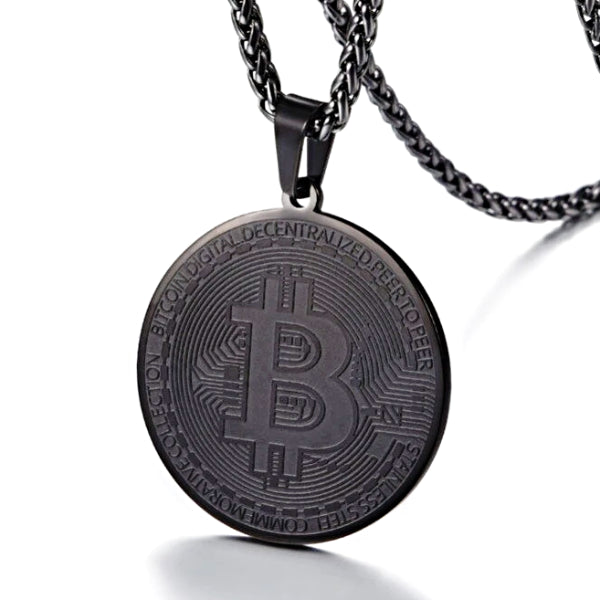 Schwarze Halskette mit Bitcoin-Anhänger
