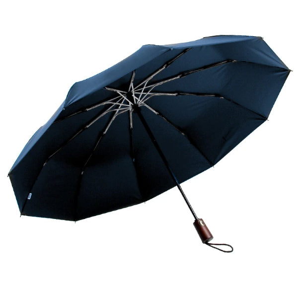 Blauer Reiseschirm mit Holzgriff