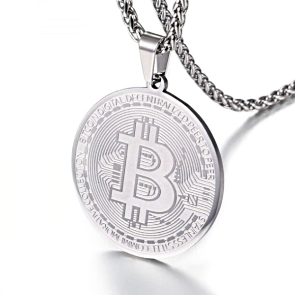 Silberne Halskette mit Bitcoin-Anhänger