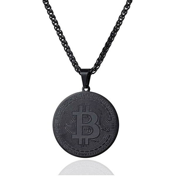 Schwarze Halskette mit Bitcoin-Anhänger