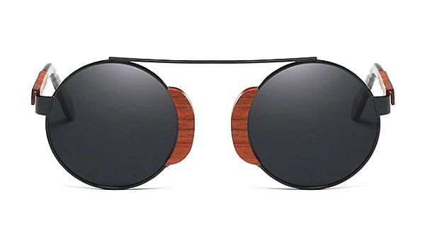 Schwarze runde Holzsonnenbrille